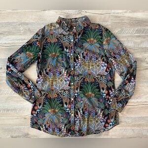 J. McLaughlin Jungle Animal Tropical Print 100% Cotton Lightweight Blouse Sz XL